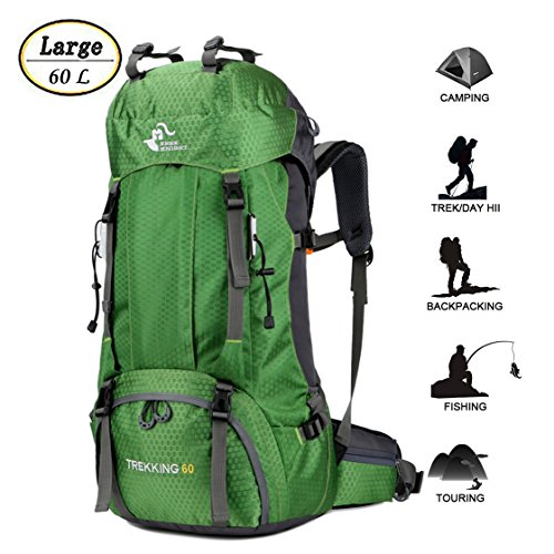 60L Waterproof Ultra Lightweight Hiking Backpack with Rain Cover,Outdoor Sport Daypack Travel Bag for Climbing Camping touring (Green)