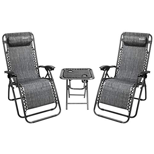 Bonnlo 3 PCS Zero Gravity Chair Patio Chaise Lounge Chairs Outdoor Yard Pool Recliner Folding Lounge Table Chair Set (Grey)