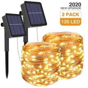 Kolpop Solar String Lights 2Pack 39Ft 120LED Solar Powered Fairy Lights Outdoor 8 Modes Copper Wire Decoration Christmas Lights Waterproof for Garden Yard Camping Patio Trees Party Deco(Warm White).