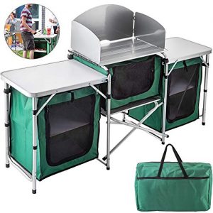 VBENLEM Camping Outdoor Kitchen 3 Zippered Bags Camping Cook Table Steel Windscreen Camping Kitchen Table 2 Side Tables Camp Cook Table Portable Outdoor Camping Table for Outdoor Activities Green