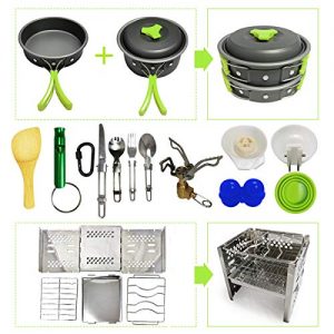 19pcs Camping Cookware Kit for 2-4 Person with Camp Stove and Stove Stand - Non-Stick Portable Pots Pans Foldable Stainless Steel Knife/Fork/Spoon Hiking Gear (Cookware Set 1-Green)