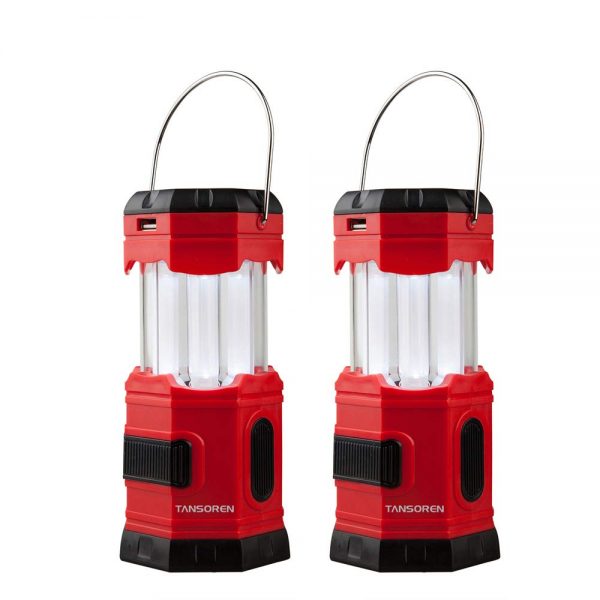 TANSOREN 2 PACK Portable LED Camping Lantern Solar USB Rechargeable or 3 AA Power Supply, Built-in Power Bank Compati Android Charge, Waterproof Collapsible Emergency LED Light with"S" Hook