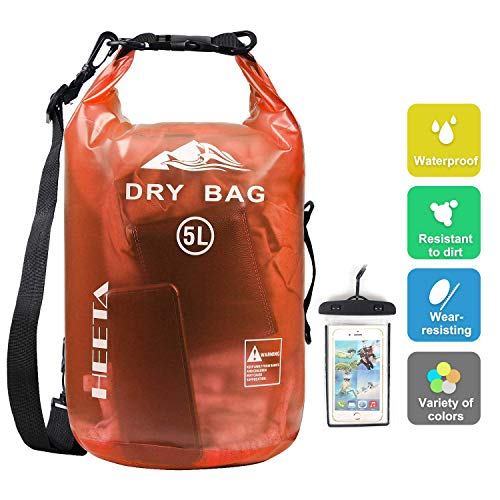 HEETA Waterproof Dry Bag for Women Men, Roll Top Lightweight Dry Storage Bag Backpack with Phone Case for Travel, Swimming, Boating, Kayaking, Camping and Beach, Transparent Orange 5L