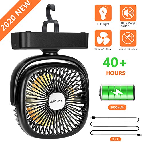 COMLIFE Portable LED Camping Lantern with Tent Fan -5000 mAh Battery Powered Mini Desk Fan with USB Charging Input-Survival Kit for Hurricane, Emergency, Storm, Outages
