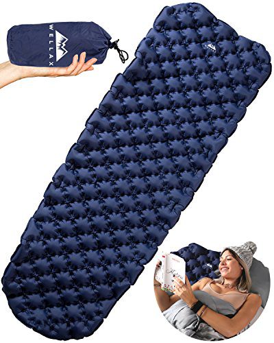 WellaX Ultralight Air Sleeping Pad - Inflatable Camping Mat for Backpacking, Traveling and Hiking Air Cell Design for Better Stability and Support Plus Repair Kit - Blue.