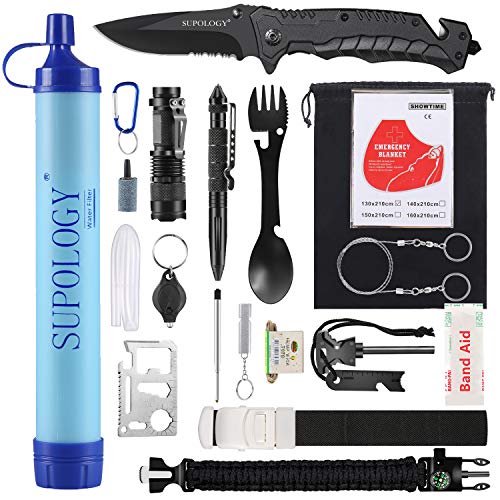 SUPOLOGY Camping Accessories Survival Gear Kits, 23-in-1 Tactical Equipments Outdoor Gear with Water Filter for Camping, Hiking, Adventures, Backpack, Fishing, Hurricane, Gifts for Men Fathers Day