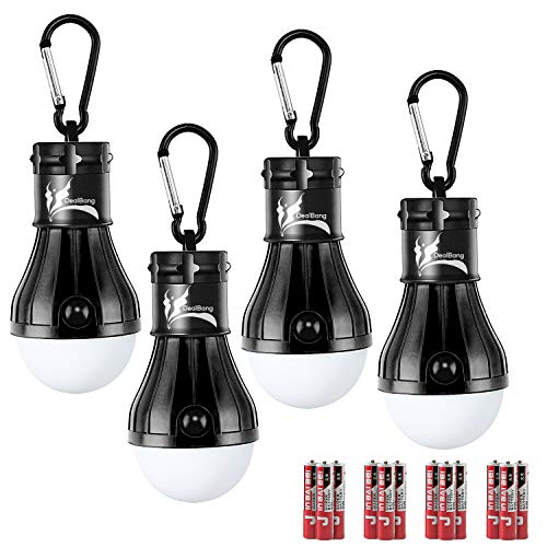 DealBang Compact LED Camping Light Bulbs with Clip Hook (Batteries Included) 150 Lumens LED Hanging Tent Lights for Camping, Hiking, Backpacking, Fishing, Hurricane, Emergency,Outage (Black,4-Pcs)