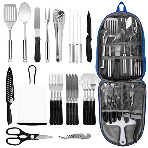 Portable Camping Kitchen Utensil Set, 27-Piece Stainless Steel Outdoor Cooking and Grilling Utensil Organizer Travel Set Perfect for Travel, Picnics, RVs, Camping, BBQs, Parties, Potlucks and more