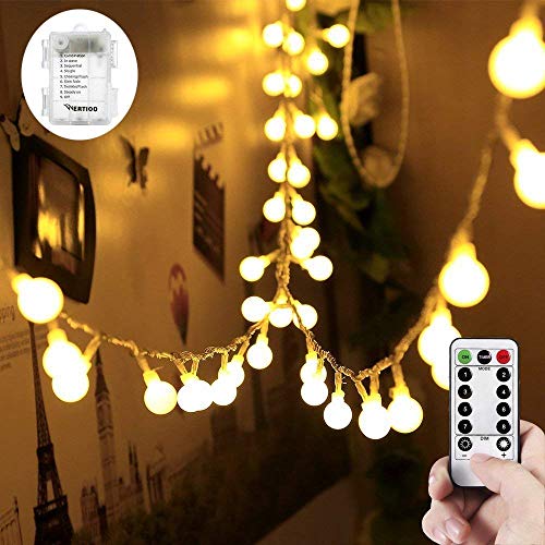 WERTIOO 33ft 100 LEDs Battery Operated String Lights Globe Fairy Lights with Remote Control for Outdoor/Indoor Bedroom,Garden,Christmas Tree[8 Modes,Timer ] (Warm White)