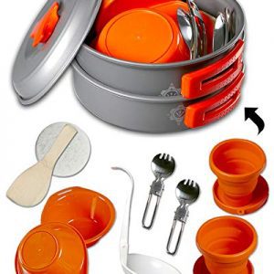 Gear4U: Best BPA-FREE Camping Cookware Set - Mess Kit - 13 Pieces including Free Bonus - Non-Stick Anodized Aluminum - Complete Lightweight Folding Kit for Camping Hiking and Backpacking Outdoor Cooking