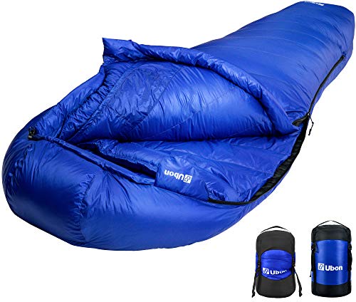 Ubon Extreme 10 Degree F 650 Fill Power Down Sleeping Bag Waterproof Mummy Sleeping Bag for Adults, Ultralight Camping Sleeping Bag Blue