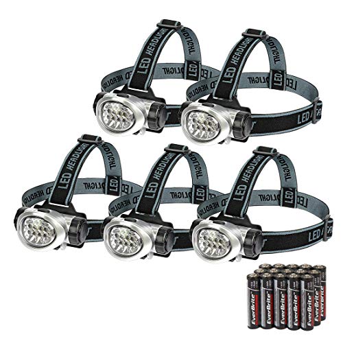 EverBrite 5-Pack LED Headlamp Flashlight for Running, Camping, Reading, Fishing, Hunting, Walking, Jogging, Durable Light Weight Head Lights Batteries Included