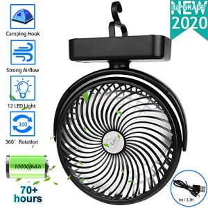 10000mAh Battery Operated Camping Fan with LED Lantern,Portable 8.6-Inch Rechargeable Tent Fan,70 Working Hours Max USB Desk Fan with Hanging Hook for Tent Car RV Hurricane Emergency Outages Office
