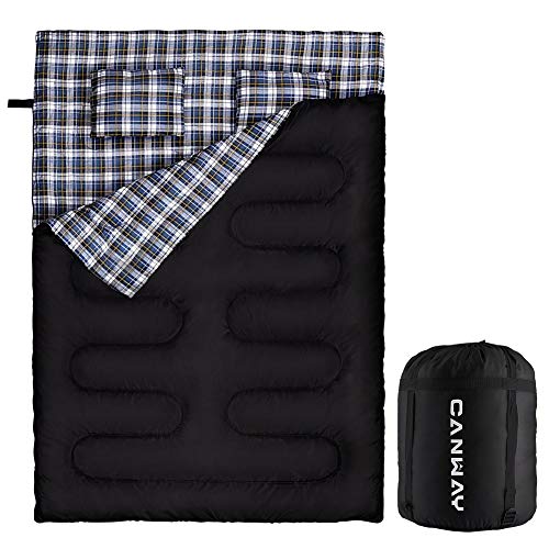 Canway Double Sleeping Bag, Flannel Lightweight Waterproof 2 Person Sleeping Bag with 2 Pillows for Camping, Backpacking, or Hiking Outdoor for Adults or Teens Queen Size XL (Flannel)