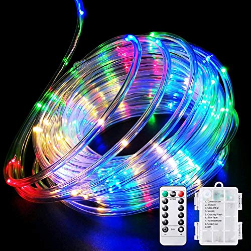 LED Rope Lights Battery Operated String Lights-40Ft 120 LEDs 8 Modes Outdoor Waterproof Fairy Lights Dimmable/Timer with Remote for Garden Camping Party Decoration (Multi-Color) (1pack)