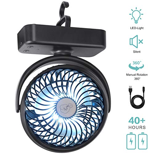 REENUO Camping Fan with LED Lights, 5000mAh Rechargeable Battery Operated Tent Fan, Portable USB Desk Fan with Hanging Hook for Indoor and Outdoor, Hurricane Emergency Survival Kit.