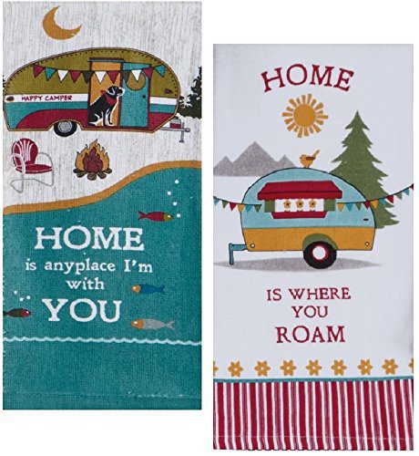 Camping Trailer Theme Cotton Kitchen Towels Set for RV Camper| 16 Inch x 26 Inch| Total 2 Terry Towels for Dish and Hand Drying