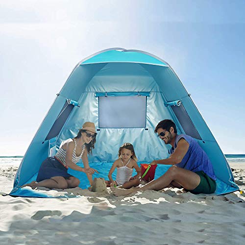 Poray UV50+ Instant Beach Tent,Pop Up Shelter with 3 Windows,Fishing Camping Portable Light Weight Windproof Cabana for Picnic (Blue)