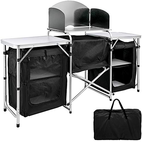 VBENLEM Outdoor Camp Kitchen 2-Tier Portable Camping Cook Table for Outdoor Activities Black Camping Kitchen Table 2 Side Tables with 3 Zippered Bag