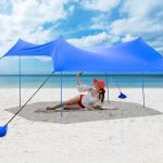 Tangkula 7 x 7 ft Family Beach Sunshade, UPF50+ Sun Shade Tent with Aluminum Poles, 4 Sandbag Anchor and 4 Peg Stake, Lightweight but Heavy Duty Beach Canopy with Carry Bag