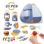 DEERC Kids Camping Tent Set Toys 23pcs Includes Pop Up Play Tent, Camping Gear Tools Adventure Set, Play Kitchen Food Set, Indoor and Outdoor Toys Gifts for Toddlers Kids Boys Girls