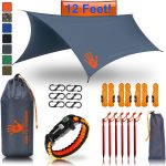 Rain Fly EVOLUTION 12 x 10 ft Camping Hammock RAIN Fly Waterproof Tent TARP and Survival Bracelet – Lightweight – Backpacker Approved – Diamond Ripstop – Perfect Hammock Shelter – Gray