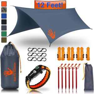 Rain Fly EVOLUTION 12 x 10 ft Camping Hammock RAIN Fly Waterproof Tent TARP and Survival Bracelet – Lightweight – Backpacker Approved – Diamond Ripstop – Perfect Hammock Shelter – Gray