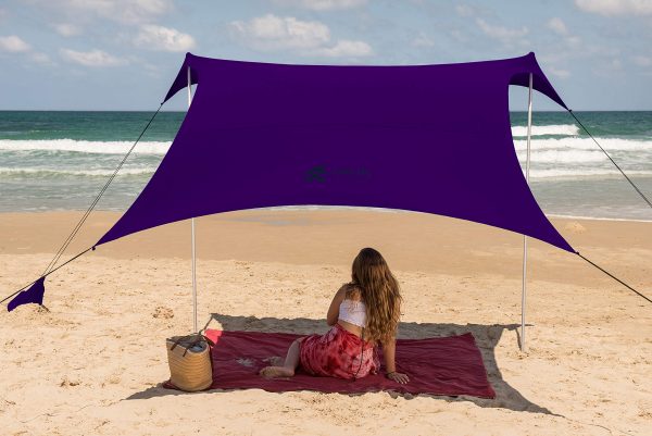 Family Beach Tent Canopy Sunshade with Sandbag Anchors - Simple & Versatile. SPF50, Lycra Sun shelter for The Beach,Camping and Outdoors (Eggplant, Large)
