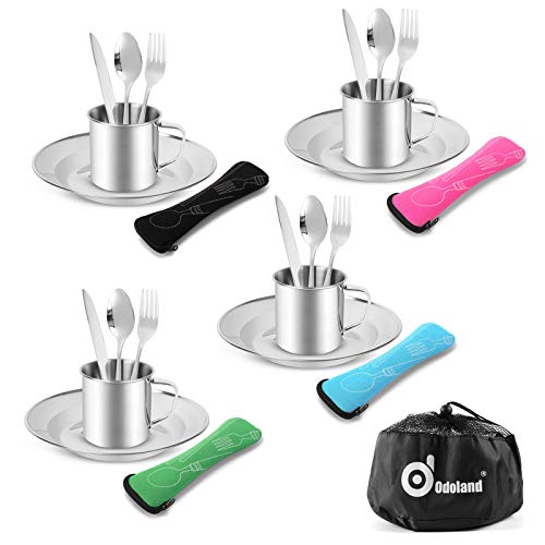 Camping Tableware Kit with Plates Cups Forks Spoons and Knives for 4