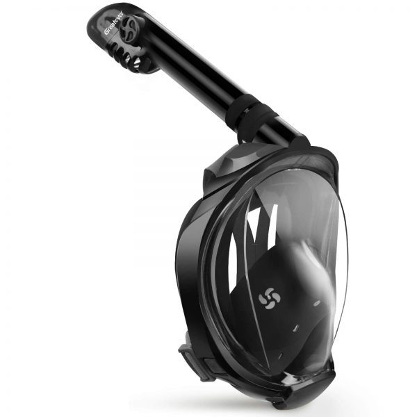Greatever G2 Full Face Snorkel Mask in blue with 180° panoramic view, anti-leak, anti-fog features, and removable camera mount. Perfect for snorkeling and underwater exploration