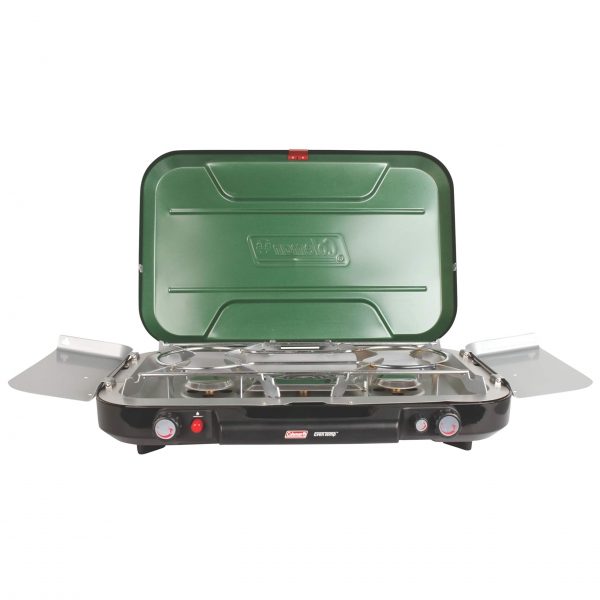 Portable propane stove fits two 12 inch pans or three 8 inch pans at once for variety of meals