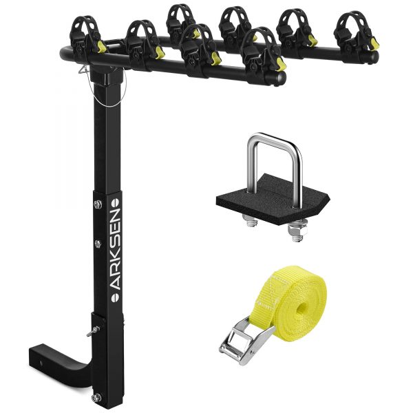 Arksen 4-Bike Hitch Mount Rack with anti-rattle tightener and tilt-down design for easy vehicle access and stable bike transport