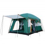 Spacious 4-person camping tent with 2 rooms, 3 mesh windows, and sunshade feature for outdoor family gatherings.