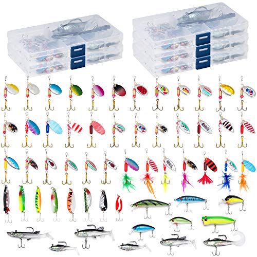 60 Fishing Lures Kit with 5 Tackle Boxes Spinner Baits