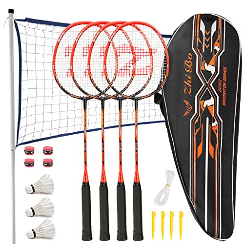 Badminton Racquets with 3 Shuttlecocks & Net 4 Pack