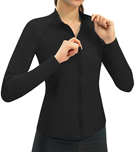 Stay Safe in Style: Women's Long Sleeve Zip-up Rash Guard Swim Shirt with UV UPF 50+ Sun Protection in Black (Size L)