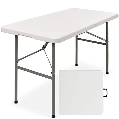 White 4ft Heavy-Duty Portable Plastic Folding Desk with Handle and Lock for Indoor/Outdoor Use - Ideal for Picnics, Parties, and Camping.