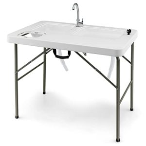 Portable Outdoor Camping Sink Station: Folding Fish Cleaning Table with Dual Water Basins, Heavy Duty Fillet Table, Hose Hook Up, Sink and Faucet for Dock, Beach, Patio, Picnic