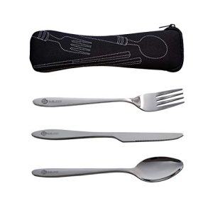 3 Piece Chrome steel tenting silverware Set, Knife, Fork and Spoon with Neoprene Case (Black).