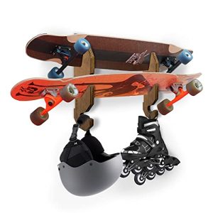 INFIDEZ Wood Skateboard Wall Mount with Hanger Hook for Curler Skates, Longboard, and Helmets, Skate Holder with Hat Rack