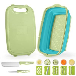 Collapsible Chopping Board, HI NINGER Foldable Chopping Board with Colander, 9-In-1 Multi Chopping Board Kitchen Vegetable Washing Basket Silicone Dish Tub for Tenting, Picnic, BBQ, Kitchen-Inexperienced.