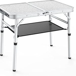Tenting Desk, Sportneer Adjustable Peak Small Folding Desk with Mesh Layer Moveable Camp Tables with Aluminum Legs for Outside Camp Picnic Seaside BBQ Cooking (23.6" L x 15.7" W (3 Peak)).