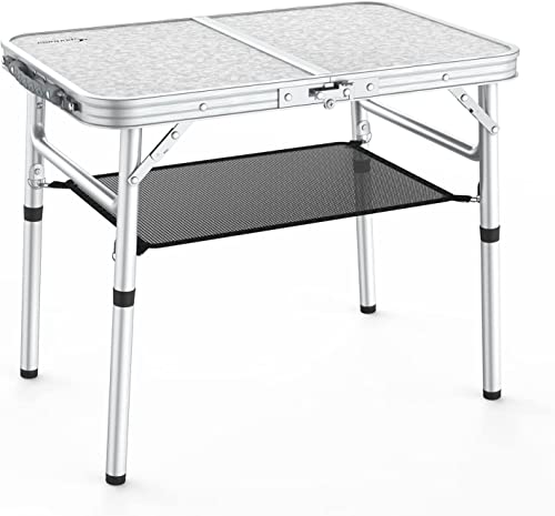 Tenting Desk, Sportneer Adjustable Peak Small Folding Desk with Mesh Layer Moveable Camp Tables with Aluminum Legs for Outside Camp Picnic Seaside BBQ Cooking (23.6" L x 15.7" W (3 Peak)).