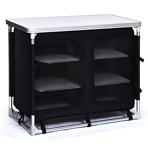 Transportable Tenting Kitchen Desk with Storage Organizer, Aluminum Folding Cooking Desk Camp Kitchen Tools for BBQ, Celebration and Picnic, Black.