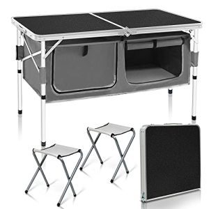 CampLand Lightweight Folding Table with Adjustable Height and Storage Organizer - Perfect for Camping, BBQ, and Parties.