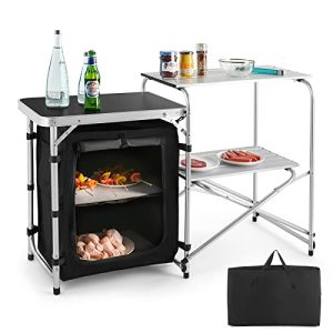 Camping Kitchen Table: Aluminum Outdoor Folding Grill Cook Station with Storage Organizer and 2 Side Tables - for BBQ, Picnic, Fishing, Party, Camping, Supplies and Equipment - Free Installation