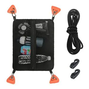 Organize Your Paddle Boarding Essentials with Water-Resistant Mesh Deck Bag - Includes 4 Kayak PVC D-Ring Patches, Bungee Cords, Plastic Hooks, and Free Glue - No Assembly Required.