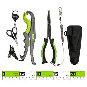 Booms Fishing TK1 4pcs Fishing Software Equipment, Needle Nostril Fishing Pliers Saltwater, Fish Lip Gripper, Fishing Scissors with Retractor, Adhesive Fish Ruler, Fishing Items for Males, Ice Fishing Equipment.