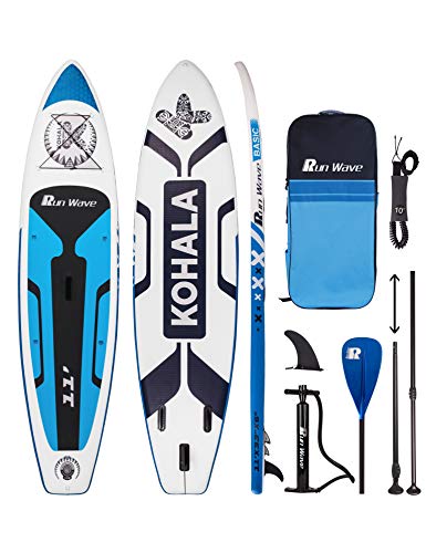 Run Wave Inflatable Stand Up Paddle Board 11'×33''×6''(6'' Thick) Non-Slip Deck with Premium SUP Equipment | Large Stance, Backside Fins for Browsing Management | Youth Adults Newbie (Kohala Blue).