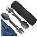 5-in-1 Camping Utensil & Napkin Combo - Convenient Stainless Steel Spork with Knife, Spoon, Fork, Bottle Opener and Navy Blue Dinner Napkins for Hiking, Party, BBQ..